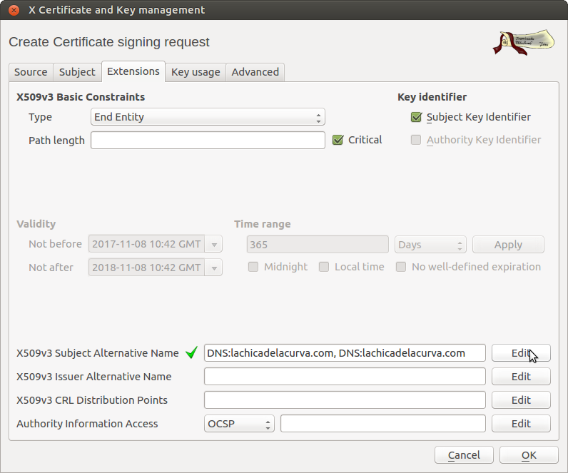 Definiendo las extensiones del certificado