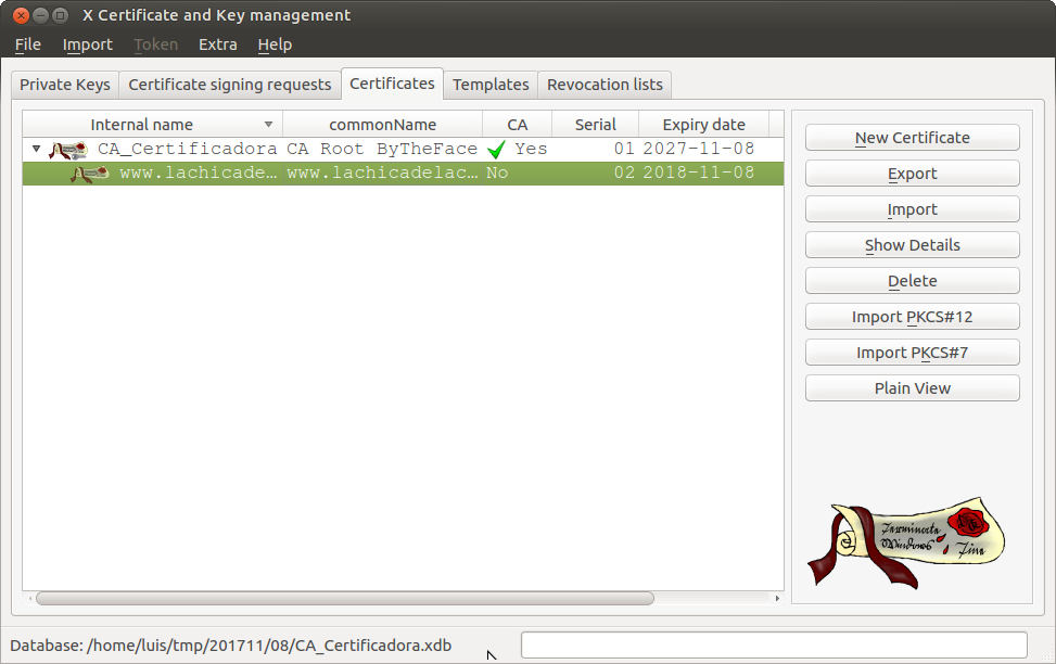Listado con los certificados en la base de datos XCA