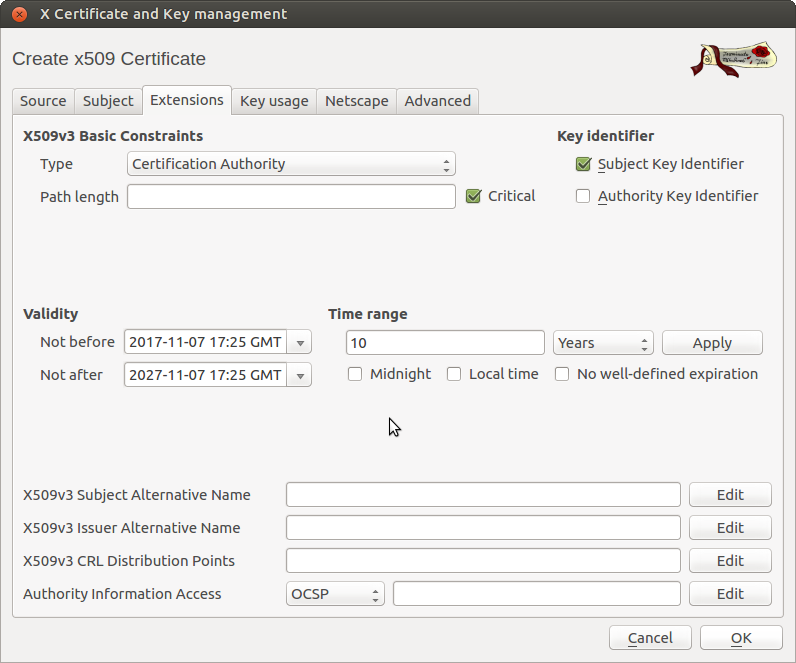 Configurando extensiones de un certificado en XCA